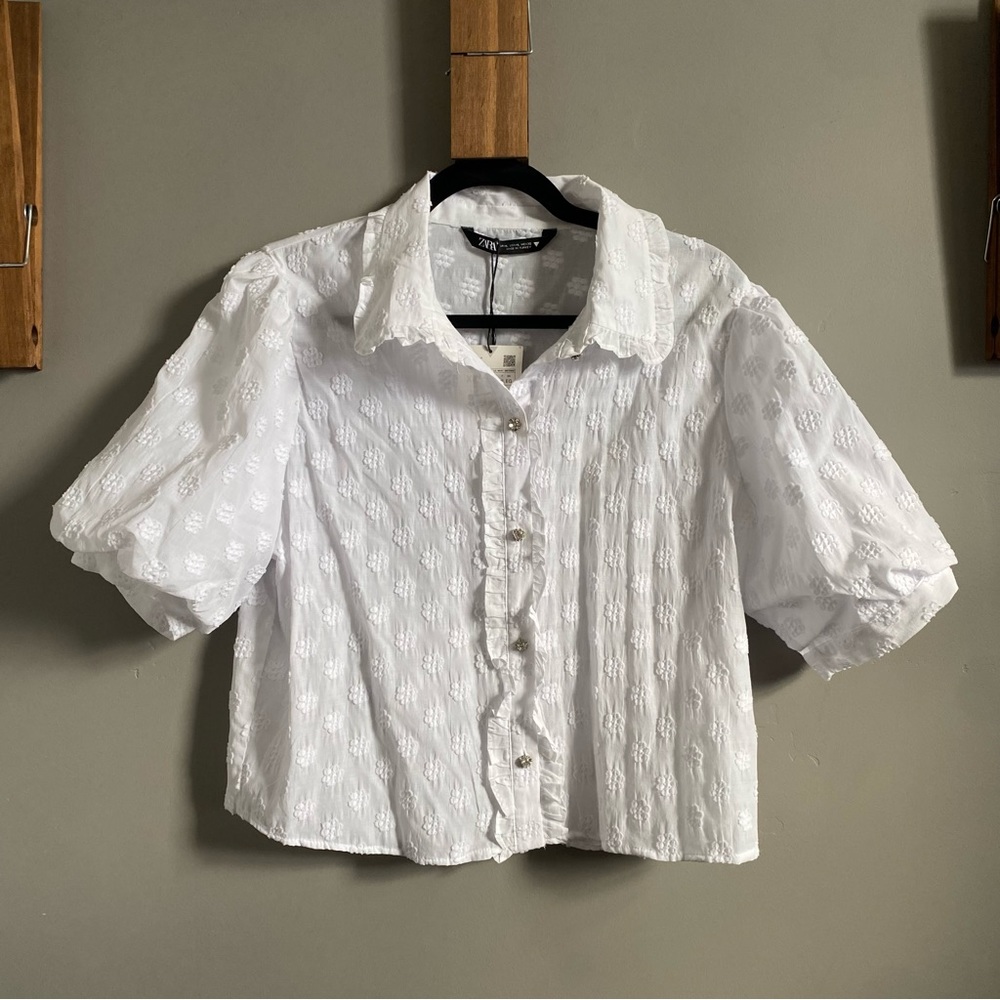 Zara Short Sleeve Textured Button Up Blouse in White